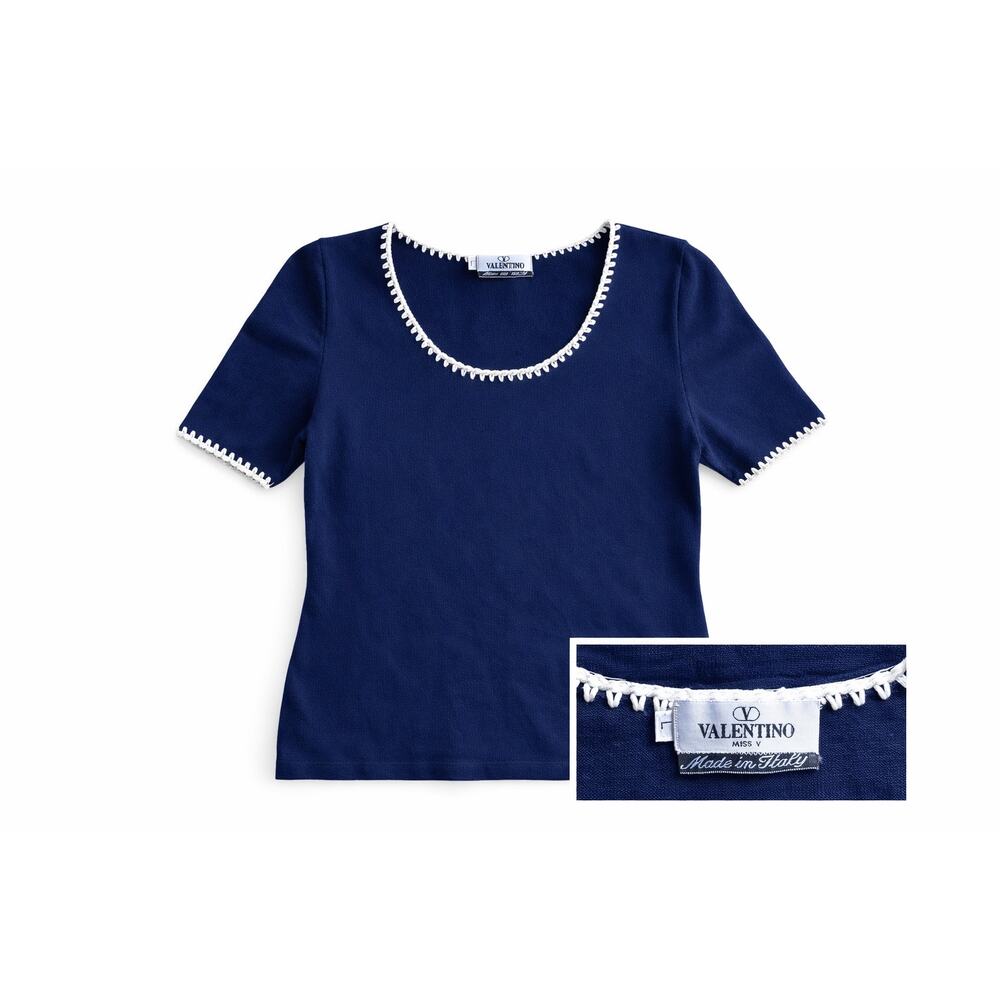 Vintage Miss V by Valentino Italian Cotton Knit Tee Navy Crochet Trim Made Italy